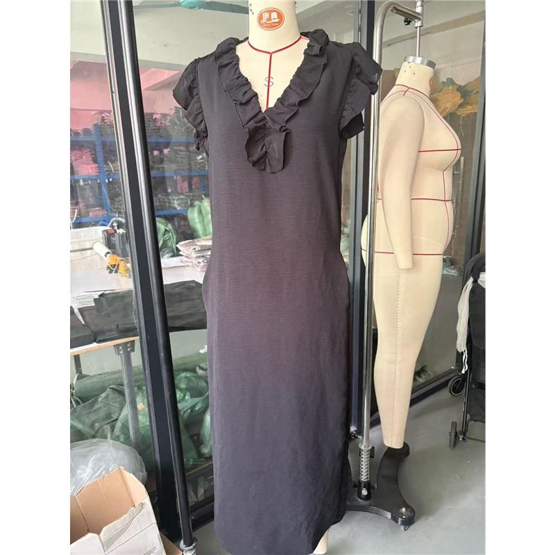 Women Ruffle V Neck Sleeveless Linen Maxi Dress Loose Casual Long Dress With Pockets Summer Beach Dress