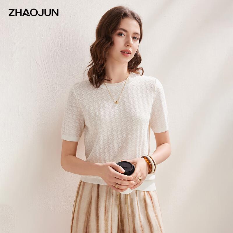 Zhaojun Damen-Jacquard-Strick-T-Shirt aus Seidenmischung mit Hahnentrittmuster