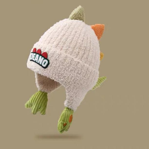 Winter Kids' Thickened Ear-Warming Windproof Fleece-Lined Beanie Cute 3D Dinosaur Knit Beanie