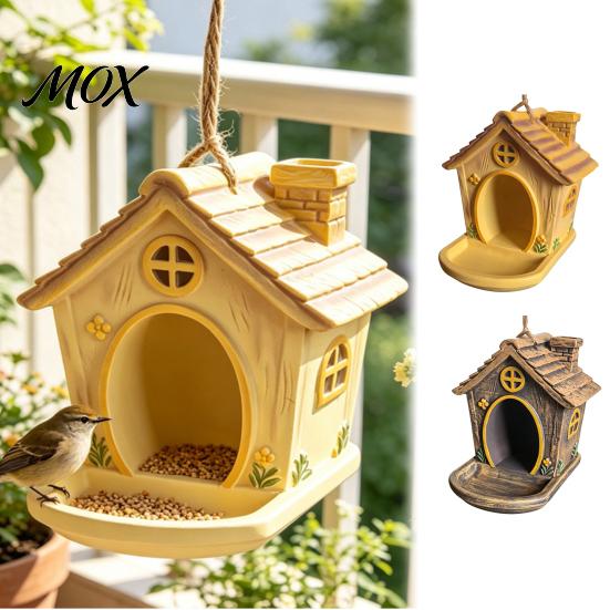 Wild Bird Gift for Gardeners House Shape Hanging Feeder Outdoor Garden Decor, Weatherproof Resin Decorative Station with Large Capacity Tray