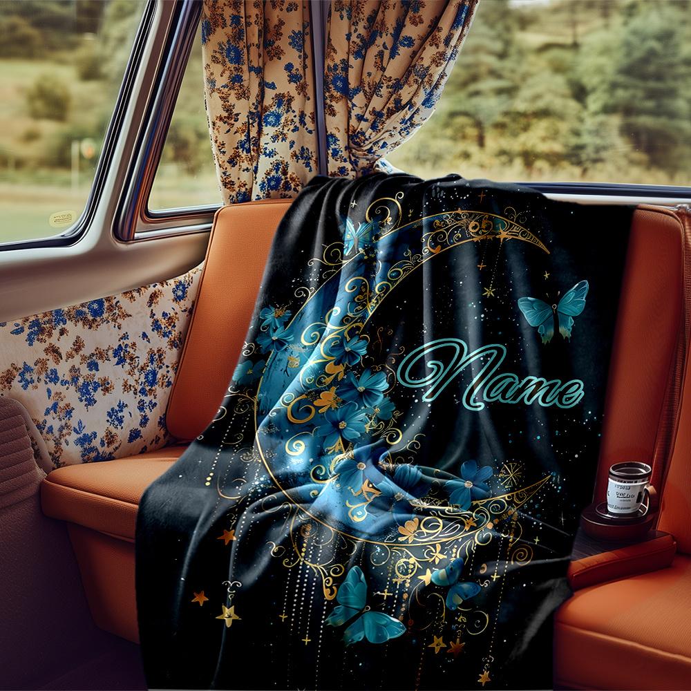 Elegant Crescent Moon With Butterflies And Stars Blanketcustomizable With Your Namecomfortable And Stylish Perfect For Travel Beds Chairs Offices