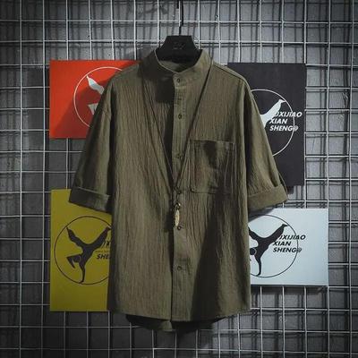 Plus Size Men's Japanese-Style Stand-Up Collar Short-Sleeve Solid Color Shirt