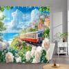1pc Coastal Train Shower Curtain - Red & White Locomotive, Pastel Seaside Village, Blooming Roses & Turquoise Ocean Travel Art