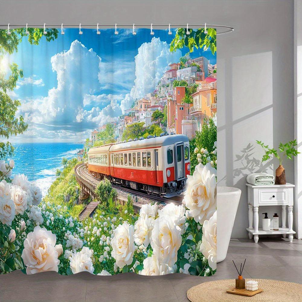 

1Pc Coastal Train Shower Curtain - Red & White Locomotive, Pastel Seaside Village, Blooming Roses & Turquoise Ocean Travel Art W60H190(CM)-1 Pcs