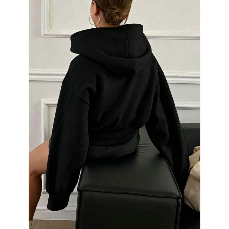 Women Short Zip Up Hooded Cardigan Batwing Sleeve Loose Streetwear Solid Color