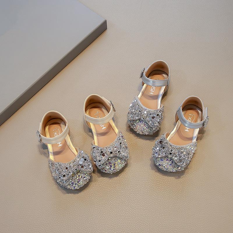 Spring/Summer New Korean Edition Girls' Half Sandals, Baby Girls' Bow Princess Shoes, Girls' Sparkling Dance Performance