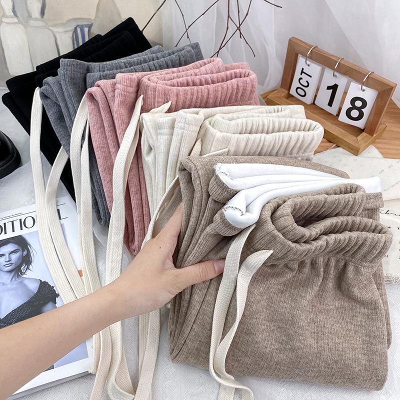 Pink Faux Cashmere Knitted Pants For Women Autumn Winter Thickened High Waist Relaxed Straight Leg Wide Leg Casual Trousers