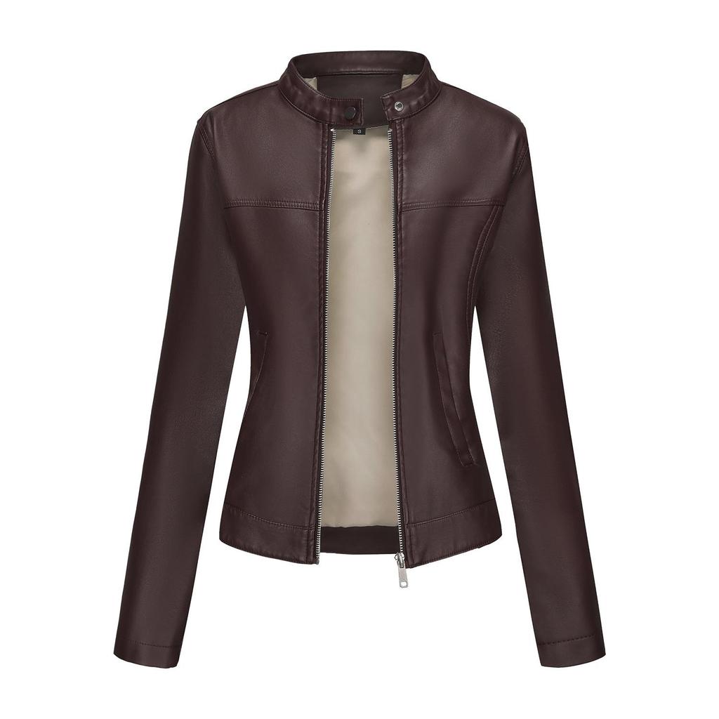 Women's Spring/Autumn Stylish Leather Jacket - European & American Stand-up Collar Biker Coat