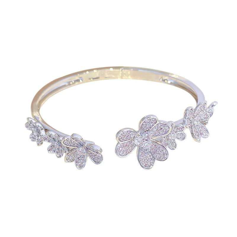 Three Flowers Full Zirconium Opening Bracelet Women's Three Leaves Inlaid Zirconium Bracelet Opening Bracelet