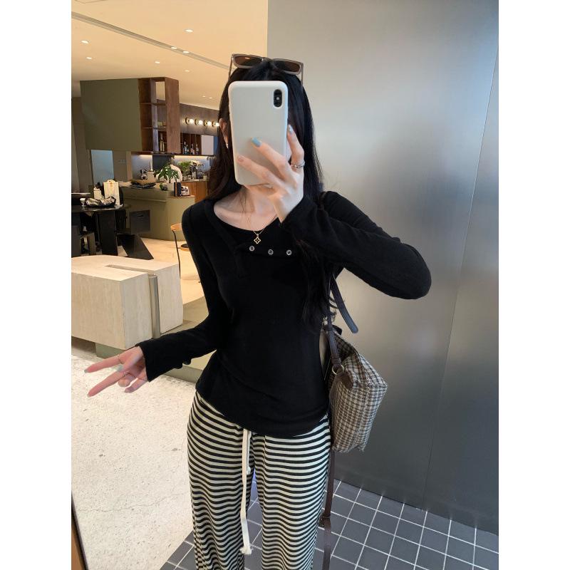 Women's Long-Sleeve Off-Shoulder Button-Up Base Layer Top - Stylish Autumn/Winter 2026 Arrival