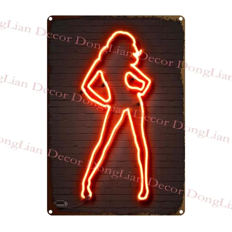 Vintage Colorful Neon Toilet Sign Sexy Woman Plaque Vintage Tin Sign Retro Metal Sign Decorative Plaque Wall Decor
