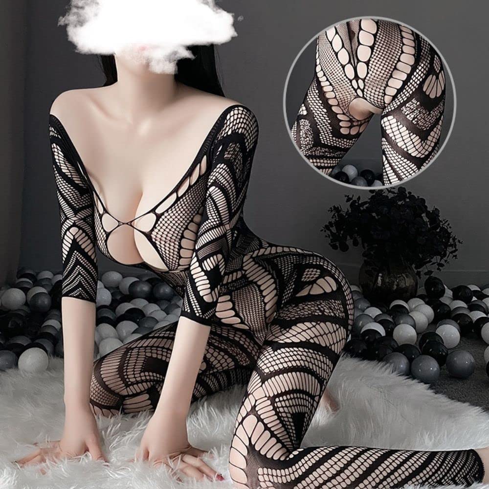 MORApink Cosplay Sexy Body Stockings Perforated Extreme Kinky String Large Lingerie Full Body Tights Net Leotard Open Crotch Costume Black Little