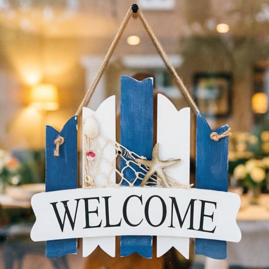 Coastal Welcome Door Sign Nautical Beach Theme Wooden Hanging Plaque with Rope Rustic Door Hanger for Front Door Patio Wall Decor