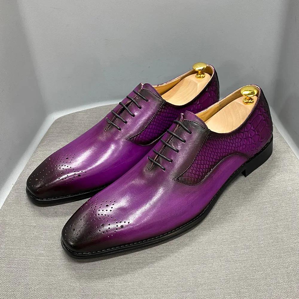 Fashion Luxury Men's Oxford Shoes Fashion Snake Skin Print Lace-Up Black/Purple Dress Leather Formal Office Wedding Shoes
