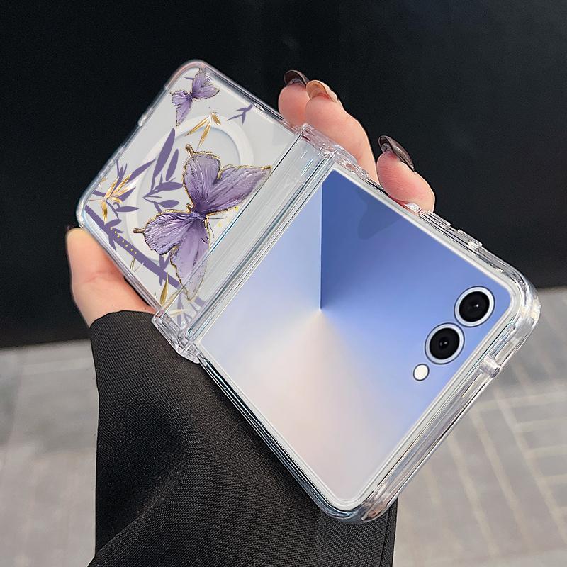 For Samsung Z Flip 7 6 5 4 Case Magnetic For Magsafe Blue and White Flowers Hinged Hard PC Folding Cover For Galaxy Z Flip7 Flip6 Flip5