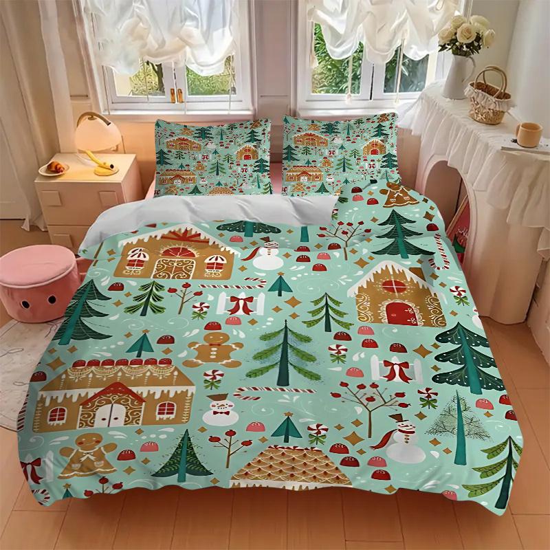 3pcs Christmas Holiday Gift, Gingerbread House Bedding Set with 1 Quilt Cover and 2 Pillowcases (No Core), Festive Decorative Polyester Fabric