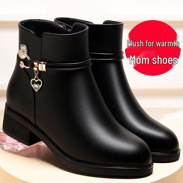 Dámské bavlněné sněhule z měkké kůže, sametová podšívka, protiskluzové, robustní podpatek, plochá podrážka, ideální pro ženy středního a staršího věku v zimě