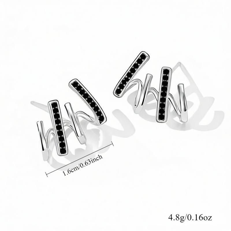 Copper Geometric Stud Earrings with Black CZ and Wavy Bar Design