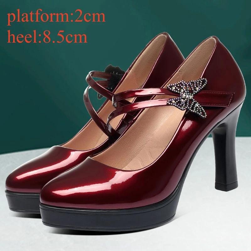 

6.5см 8.5см Елегантні туфлі на платформі з кристалами у формі метелика, неглибокі Мері Джейн 2025, туфлі-човники на блочних високих підборах, офісна модель, плаття, мама 36