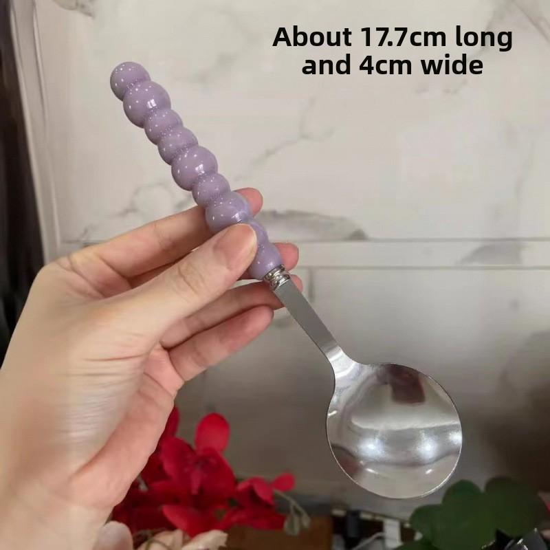 Pearl Stainless Steel Spoon, Plastic Handle Spoon, Girlish Heart, Household Eating Spoon, Long Handle Round Spoon, Small Soup Spoon