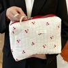 Ladies Cotton Quilted Makeup Bag  Large Capacity Cherry Printed Travel Toiletry Storage Bag Cute Women's Cosmetic Bags