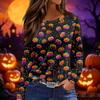 Women's Halloween Print Long Sleeve Round Neck Top with Split Hem