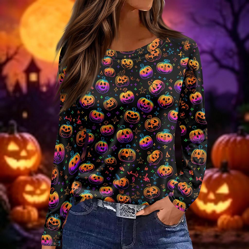 Women's Halloween Print Long Sleeve Round Neck Top with Split Hem