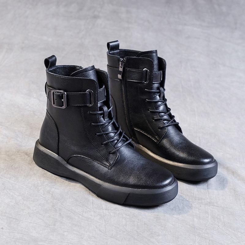 2025 autumn and winter large size leather Martin boots women's velvet warm-soled small short boots retro inner height-increasing flat boots