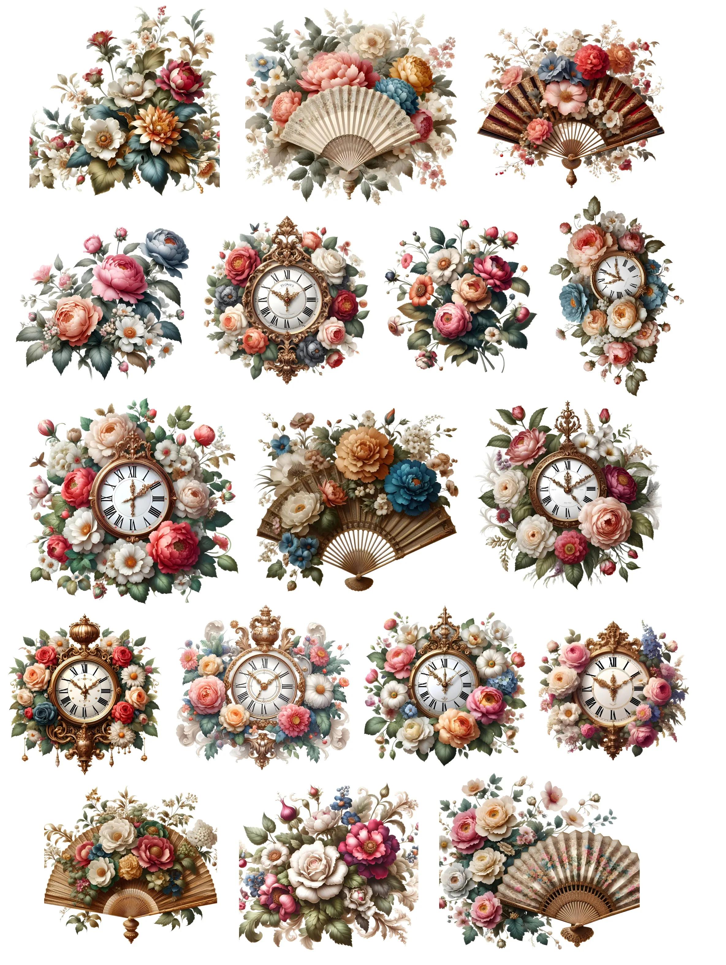 

1 Set Cute Hand-painted Vintage European Style Clock Flower Fan Decoration Sticker Diy Ablum Diary Scrapbooking білий