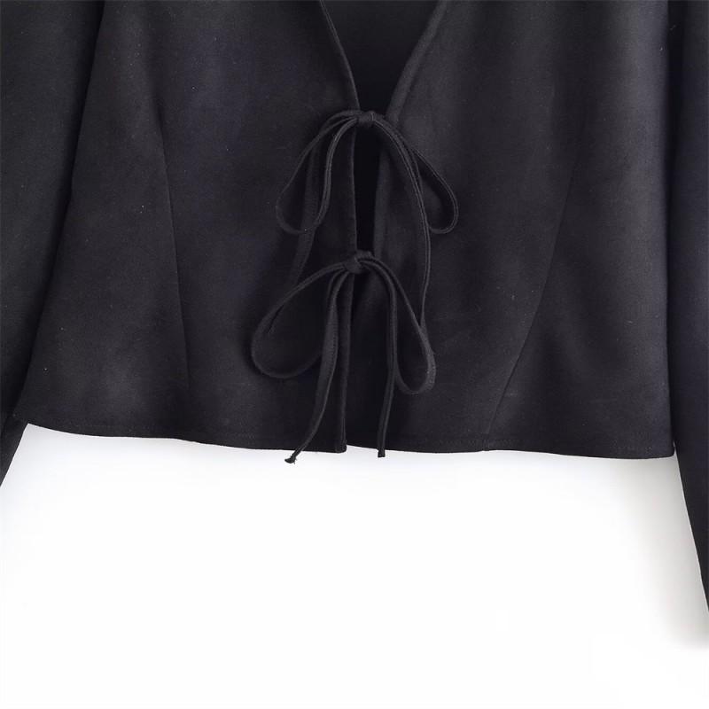Womens Solid Color Long Sleeve Shirt With Tie Front Velvet-Effect Loose Fit Blouse Office Casual Wear