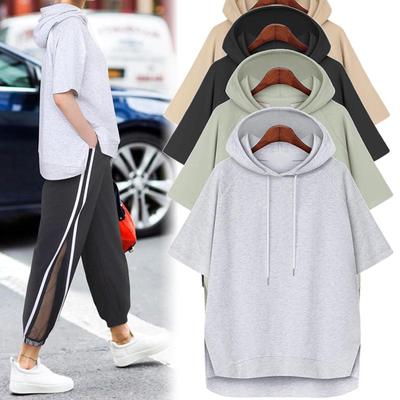 Korean-Style Solid Color Hooded T-Shirt: Simple Summer Drawstring Short Sleeve Loose Fit, for Women, Campus Casual, 200 Jin Size.