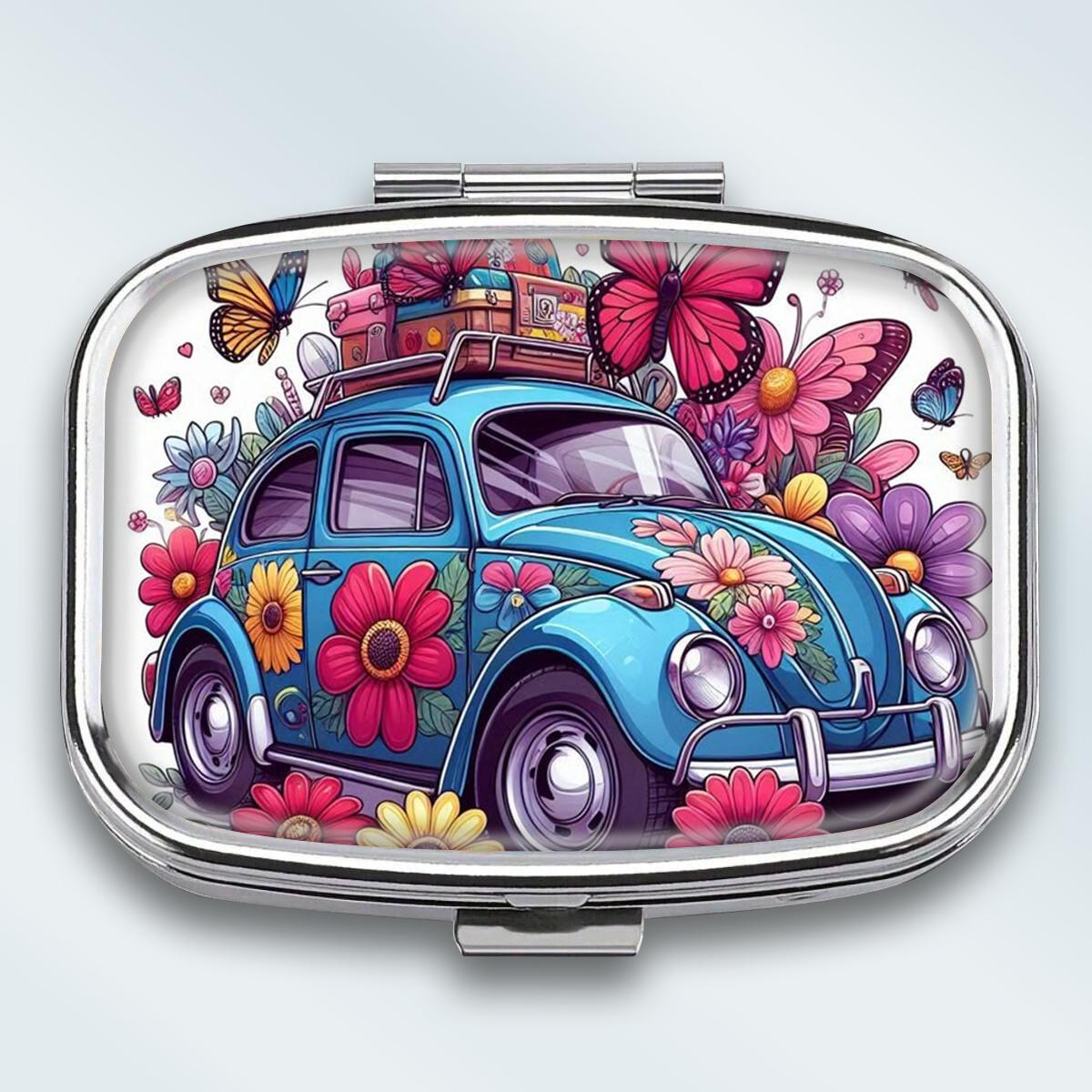 

Portable Pill Box with 2 Compartments, Mini Metal Medicine Organizer Case, Cute Printed Pill Container for Vitamins, Pills, Jewelry, Travel, Daily Use