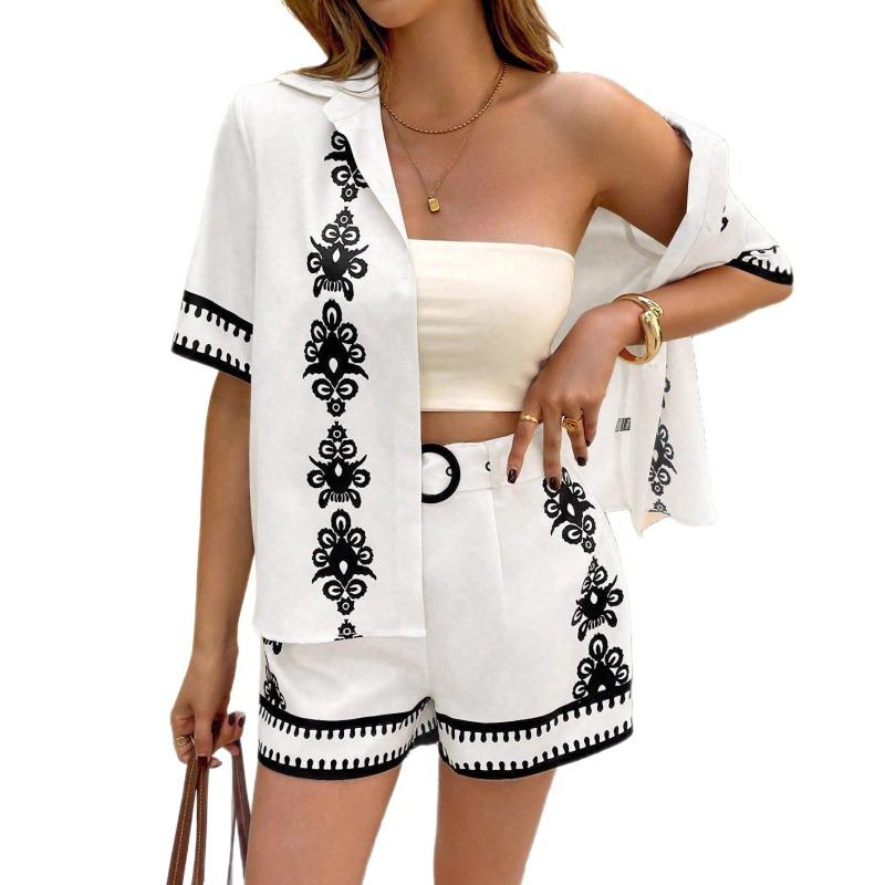 Women 2 Piece Set Floral Embroidered Short Sleeve Shirt and High Waist Shorts With Belt Multi Color