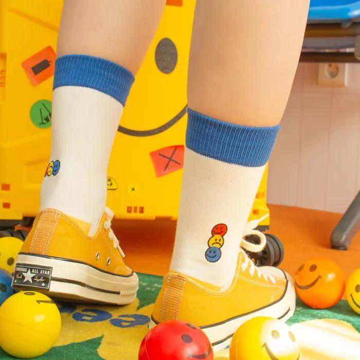 3-Color Smile Embroidered Socks - White and Yellow