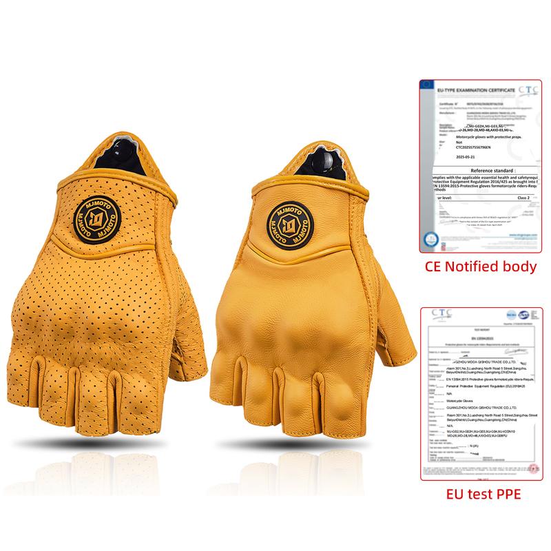 MJMOTO Retro Leder Motorrad Halbfingerhandschuhe Touchscreen Motocross Handschuhe Hartschalen Schutz Motorradhandschuh Atmungsaktiv