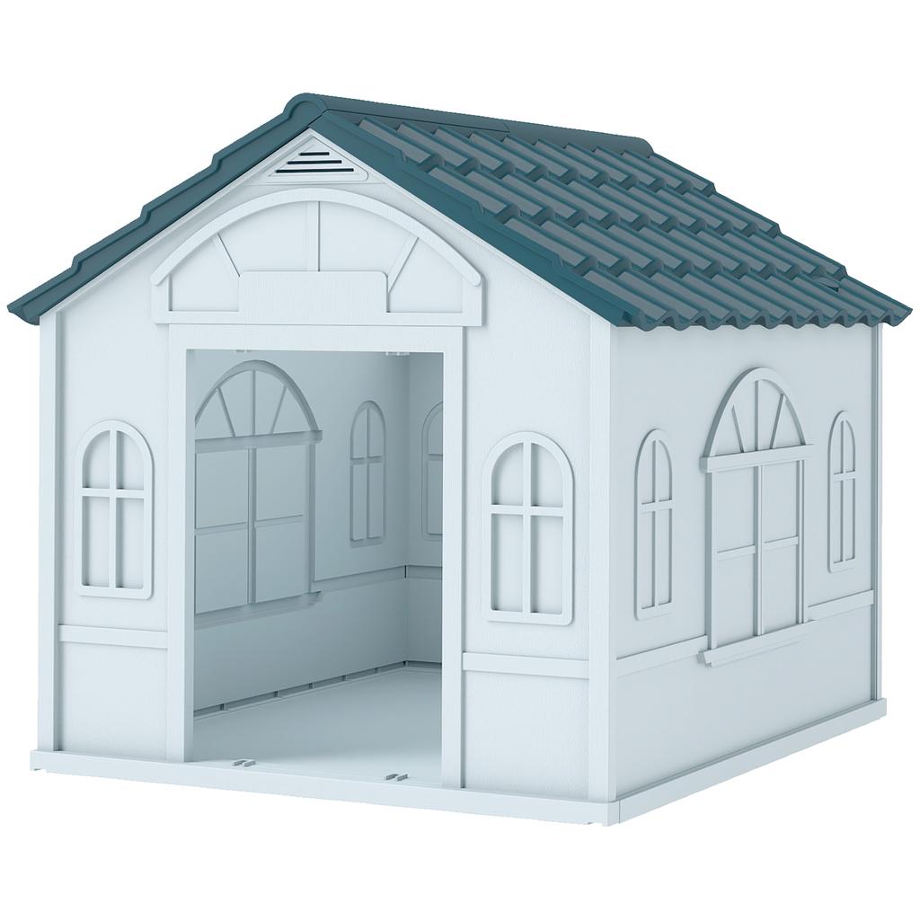 Plastic Weather-Resistant Dog House, for Indoors and Outdoors, Medium Dogs - White and Blue