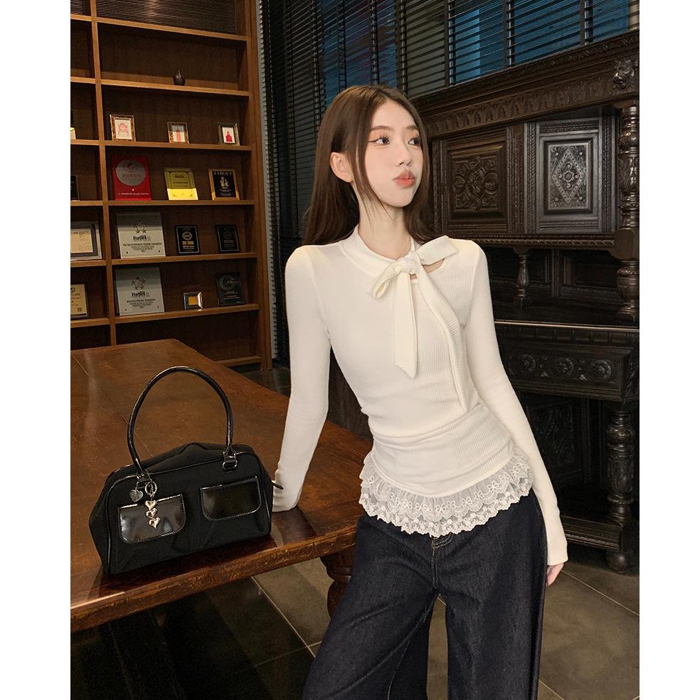 Bow hem lace splicing long-sleeved t-shirt women's spring and autumn French sense pure desire style slim-fitting bottoming top