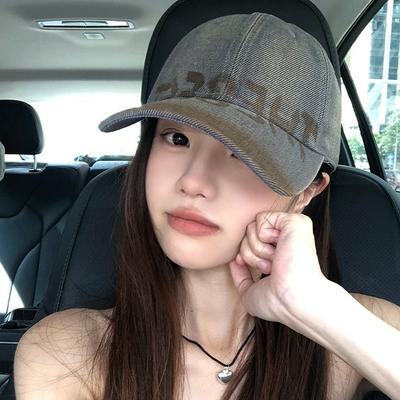 American Retro Washed Distressed Letter Baseball Cap for Women with Wide Brim, Suitable for Large Head Sizes, Makes the Face Look Smaller, Soft Top