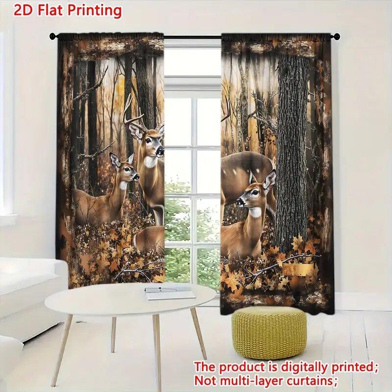 Forest Three Deer Pattern Printed Curtains Window Decoration Home Room Curtain Set Of 2 Made Polyester Washable