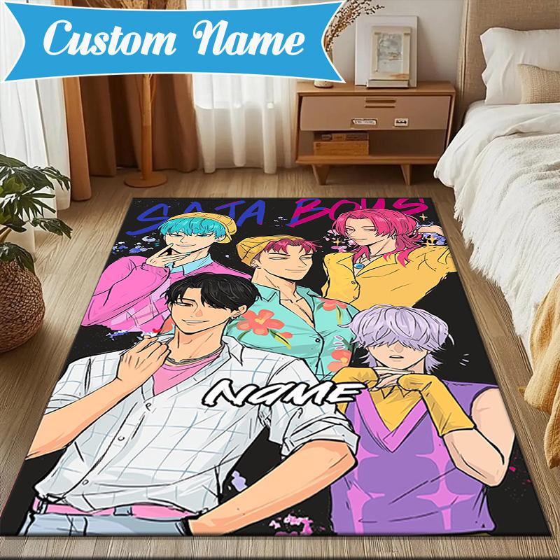 Custom Name KPop Cartoon Rug for Living Room, Game Rooms, Office, Bedroom, Floor Mat Playful Design, fan gifts Christmas decor