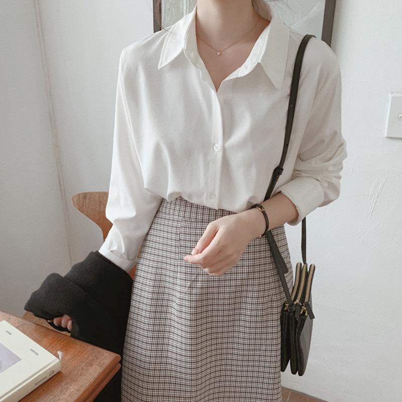 DAFIFY Women's Fashion Casual Spring Autumn Solid Color Print Long Sleeve POLO Neck Blouses & Shirts