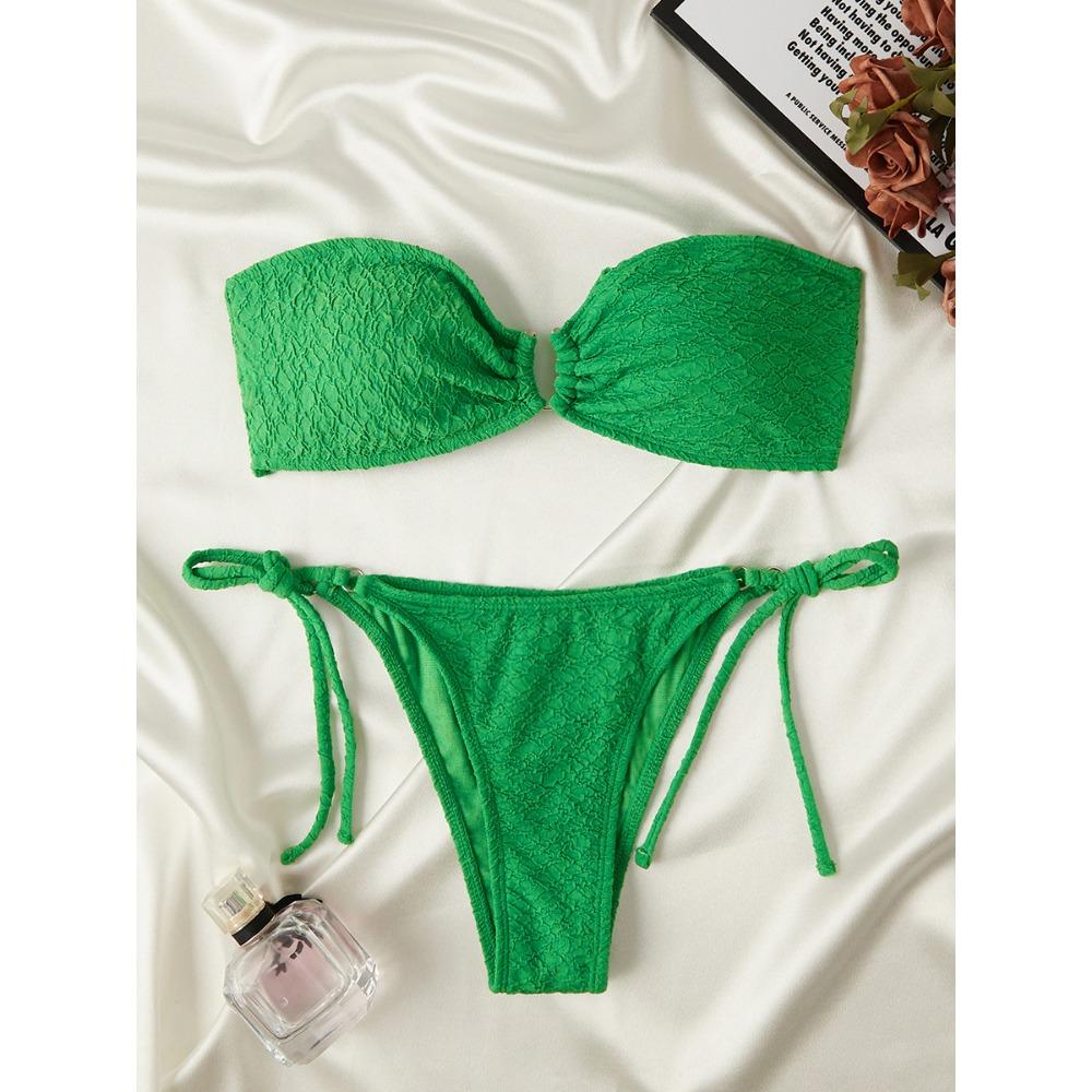 European and American Solid Color Bubble Cloth Solid Color Bikini Sexy Swimsuit