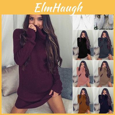 Elegant Women's Warm Knitted Jumper Mini Dress With High Neck Chunky Sweater Top