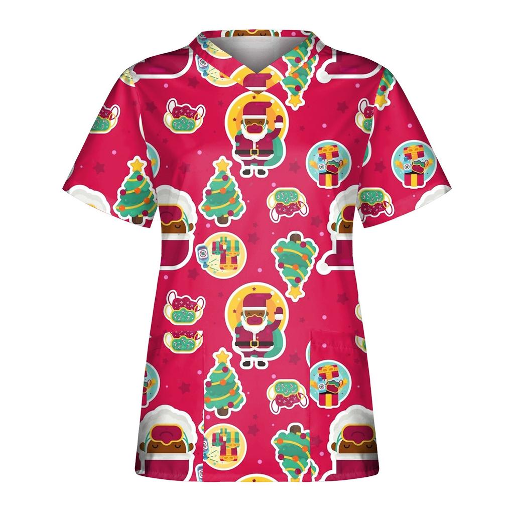 Women's Christmas  Dress Printed Short Sleeve V-Neck Top  Workwear Casual Pocket Top