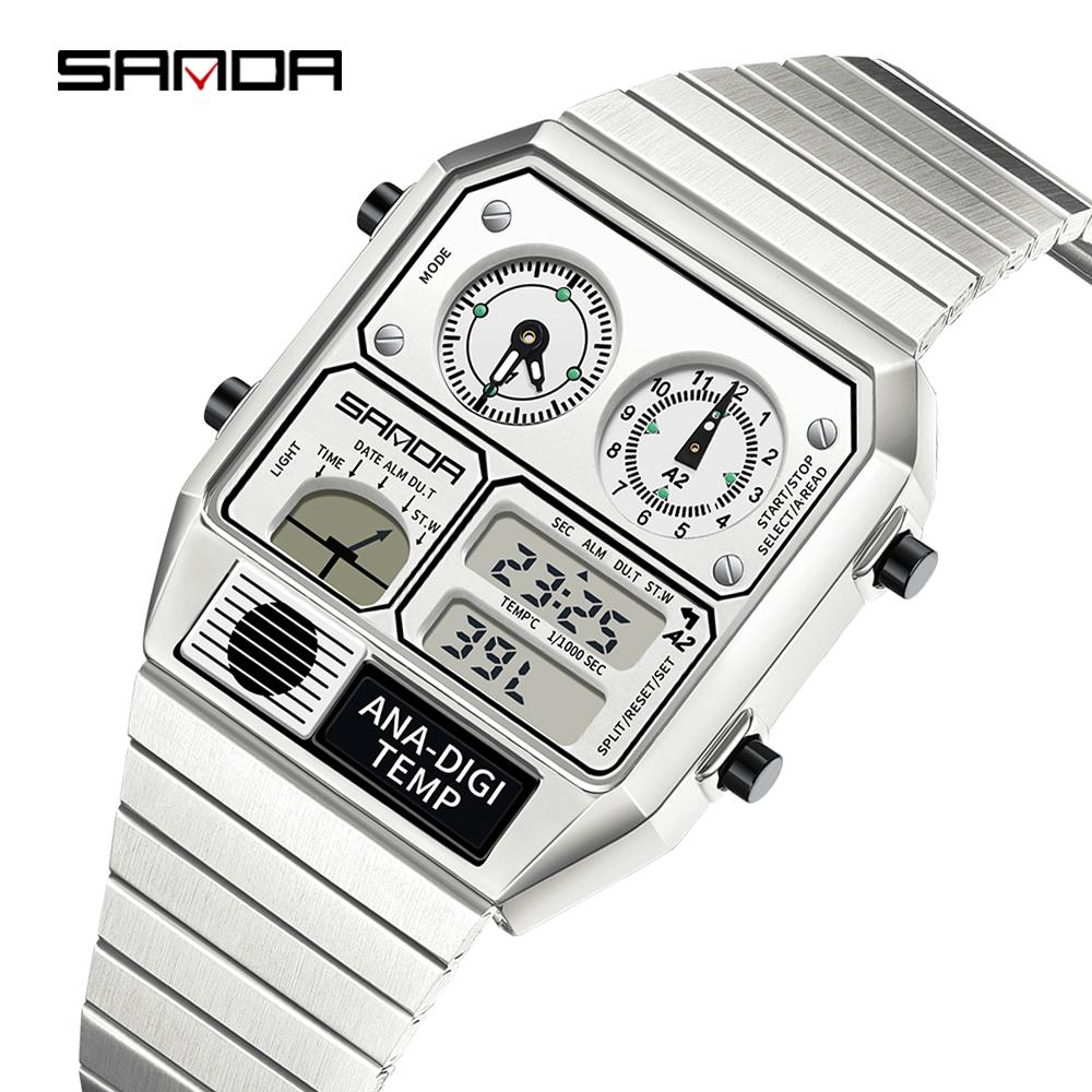SANDA 3192 Mode Unisex Horloge LED Elektronisch Vierkant Jeugd Casual Multifunctioneel Thermometer Stopwatch Chronograaf Herenhorloge gray