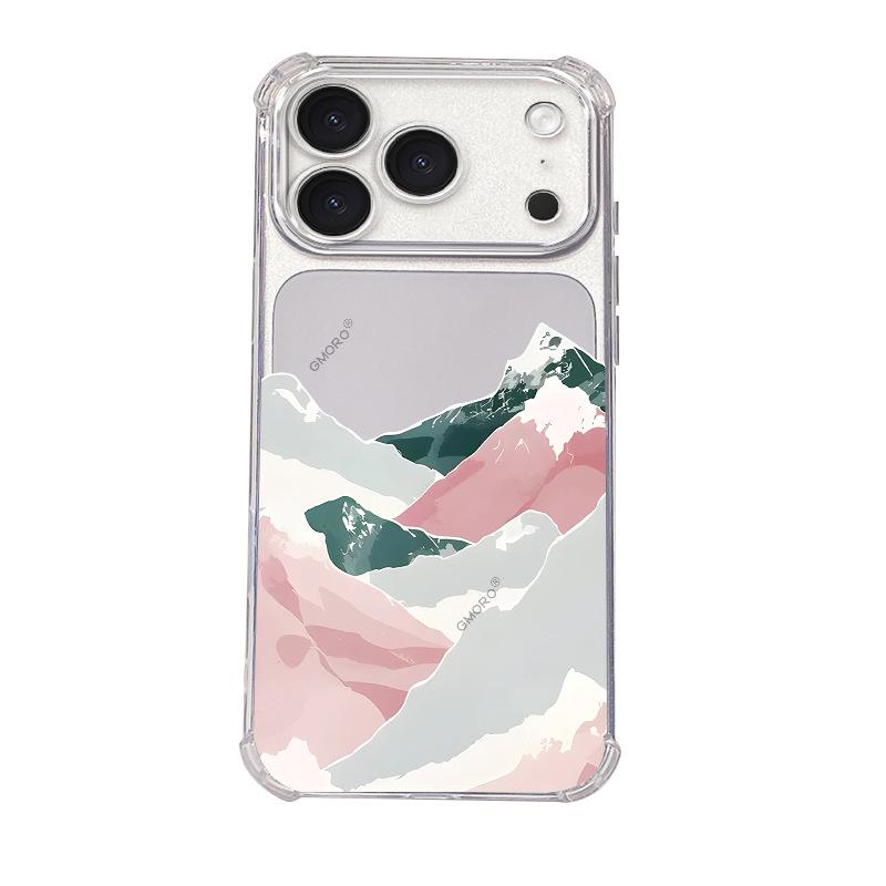 Batch Art Pink Green Snow Mountain Illustration Apple 14promax Transparent Mobile Phone Case Four Corners Anti-drop Protective Case
