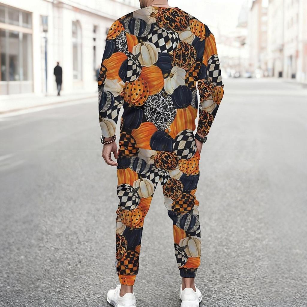Men Black Base Farm Animal Pumpkin Sunflower Full Print Long Sleeve Sweatshirt Jogger Pants Two Piece Suit