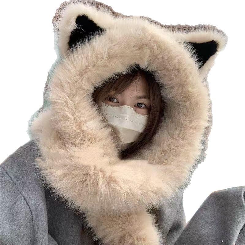Fox ears hat scarf integrated female winter fluffy face small ear protector thickened cold and warm Lei Feng hat