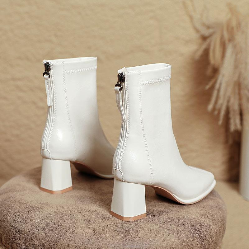 White French Small Short Boots Women's Spring and Autumn Single Boots 2025 Autumn and Winter New Women's Thin Boots Thick Heel Square Head High Heel B