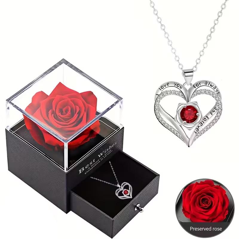 Elegant Heart-Shaped Inlaid Necklace With Luxury Red Rose Gift Box Christmas Valentine's Day Romance Gift For Girlfriend Wife
